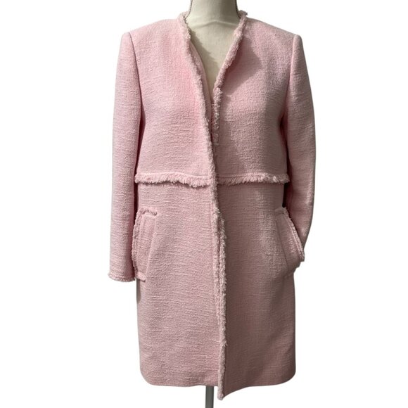 Zara Woman Pink Textured Open Front Tweed Coat With Fringe Trim Size Small - Picture 8 of 9